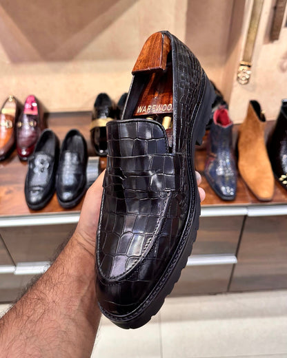 Classic Black Smooth Crocodile Boot Sole Penny Moccasins