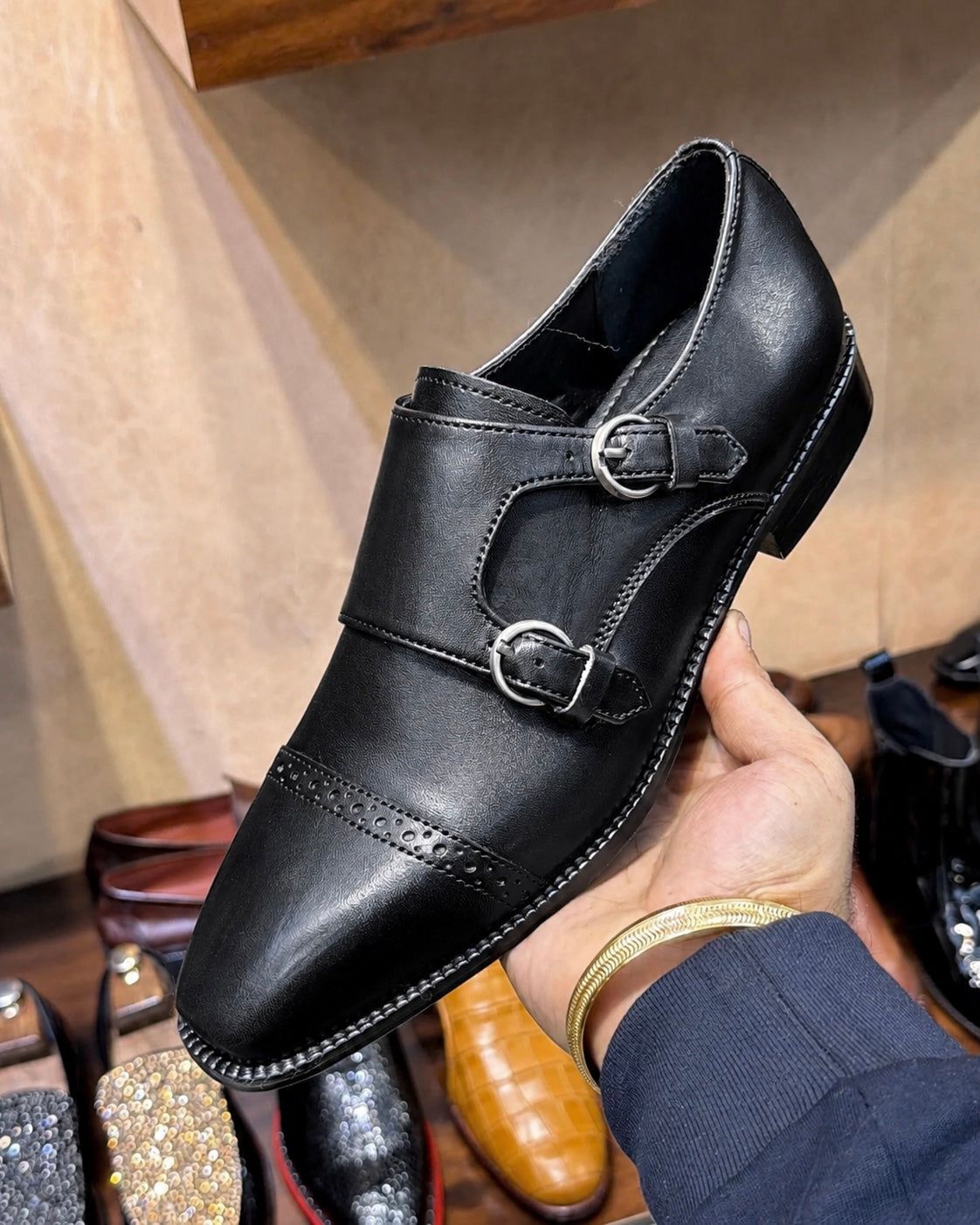 Black Double Monk Strap Shoes In Calfskin Leather