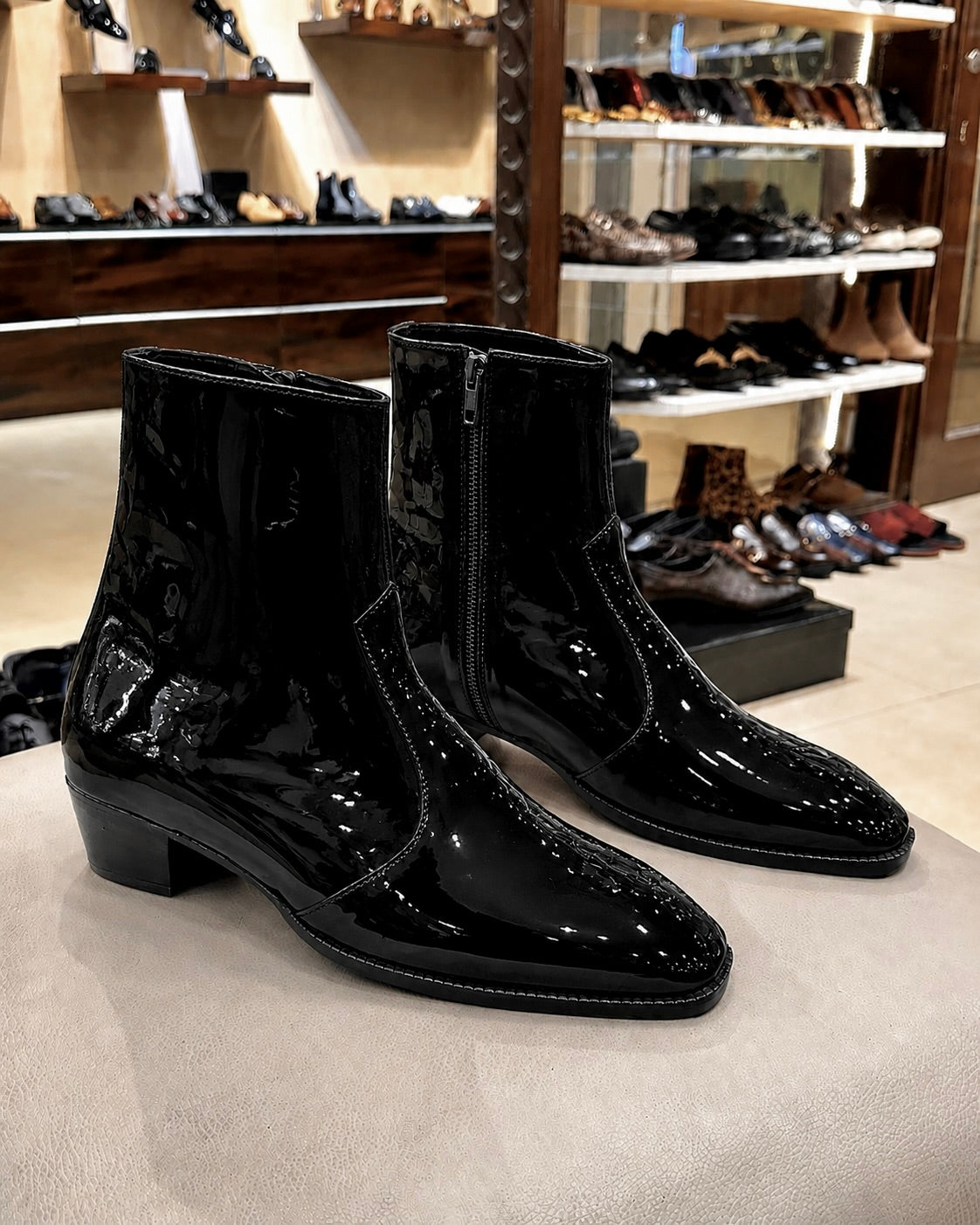 High-top Black Patent Leather Boots With Cuban Heel