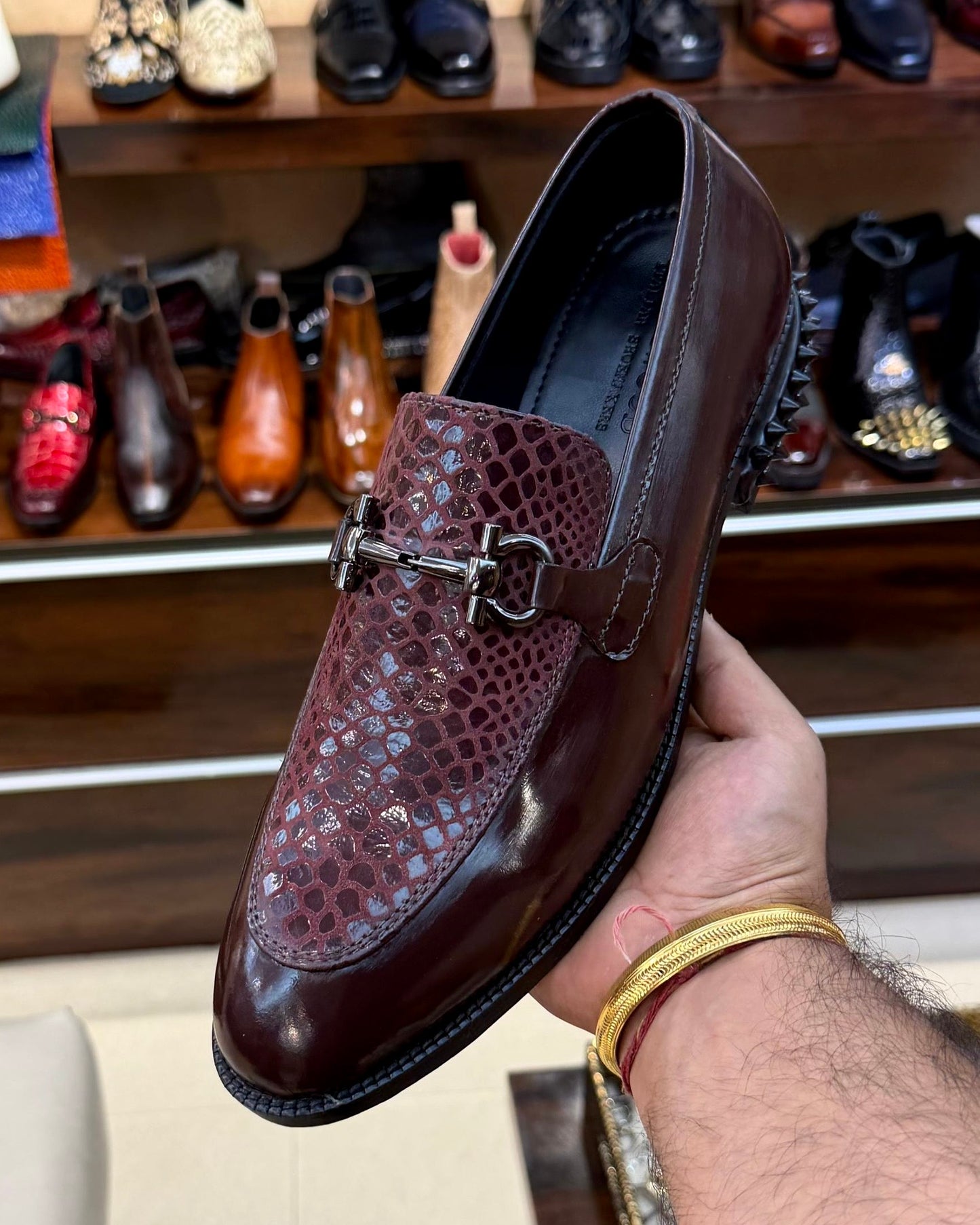 Exotic Burgundy Spectator Horsebit Loafers with Studded Heel
