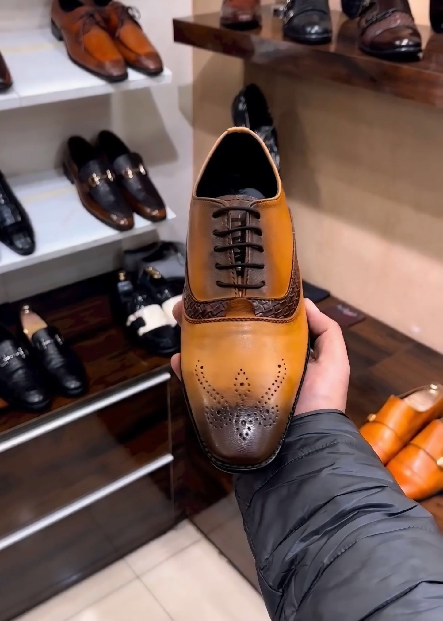 Tan Patina Brogue Braided Oxfords