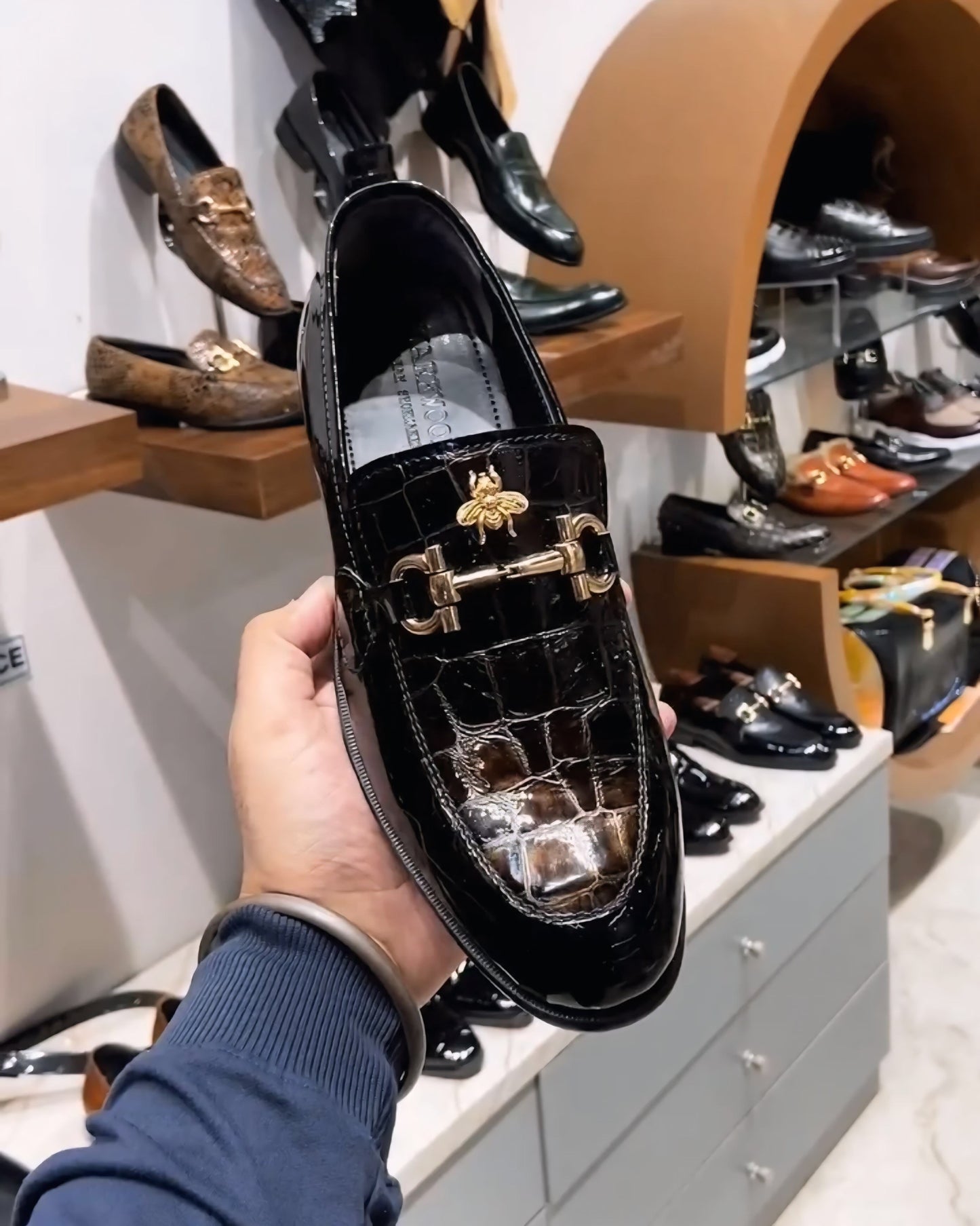 Luxe Edition Smokey Patent-Croc Moccasins with Bee