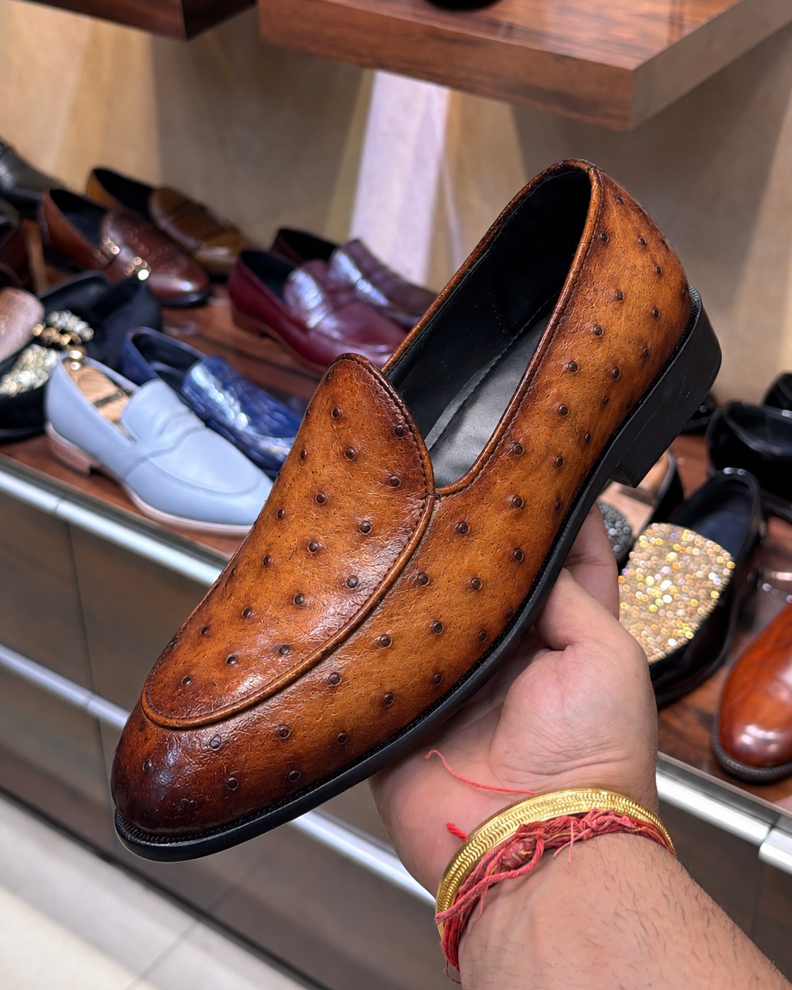 Burnished Tan Real Ostrich Skin Belgian Loafers