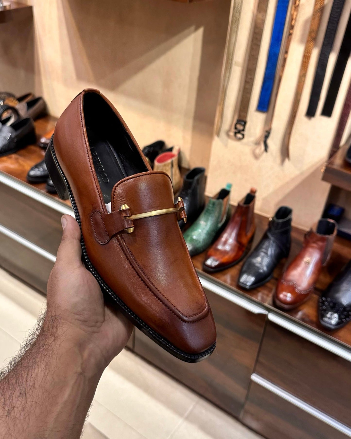 Sun Tan Patina Loafers with Vintage Arc Buckle