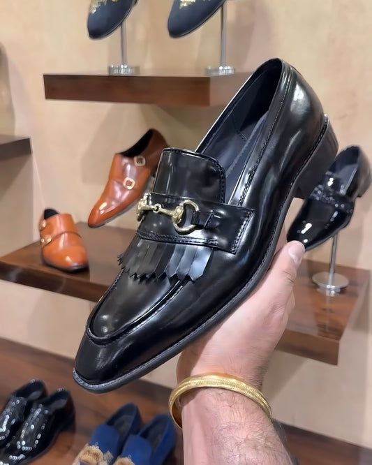Black Smooth Calf Leather Horsebit Kiltie Loafers