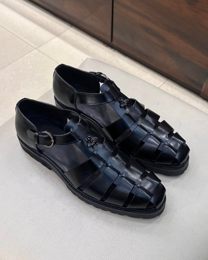 Black Italian Leather Boot Sole Sandals