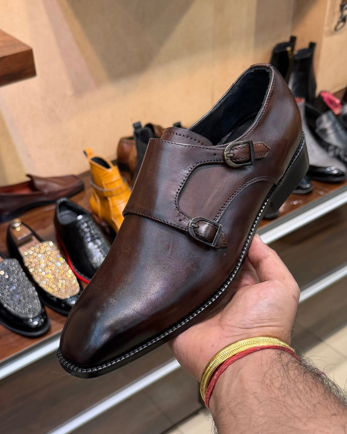 Burnished Vintage Brown Double Monk Strap Shoes