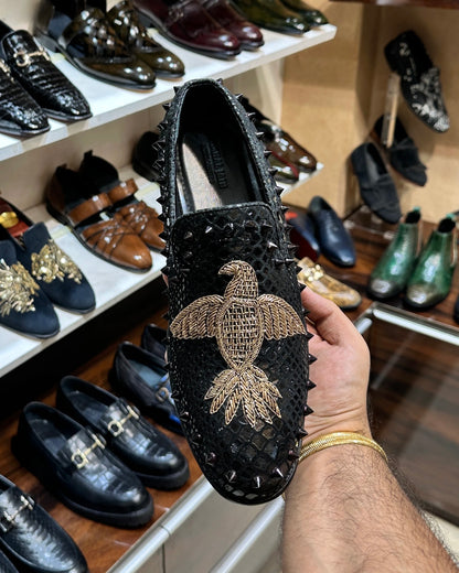 Signature Snake Foil Studded Bird Embroidery Slip-ons