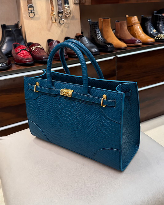 Peacock Blue Cobra Scaled Top Handle Handbag