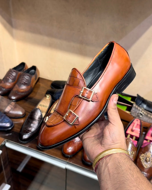 Tan Croco Patina Double Monk Loafers