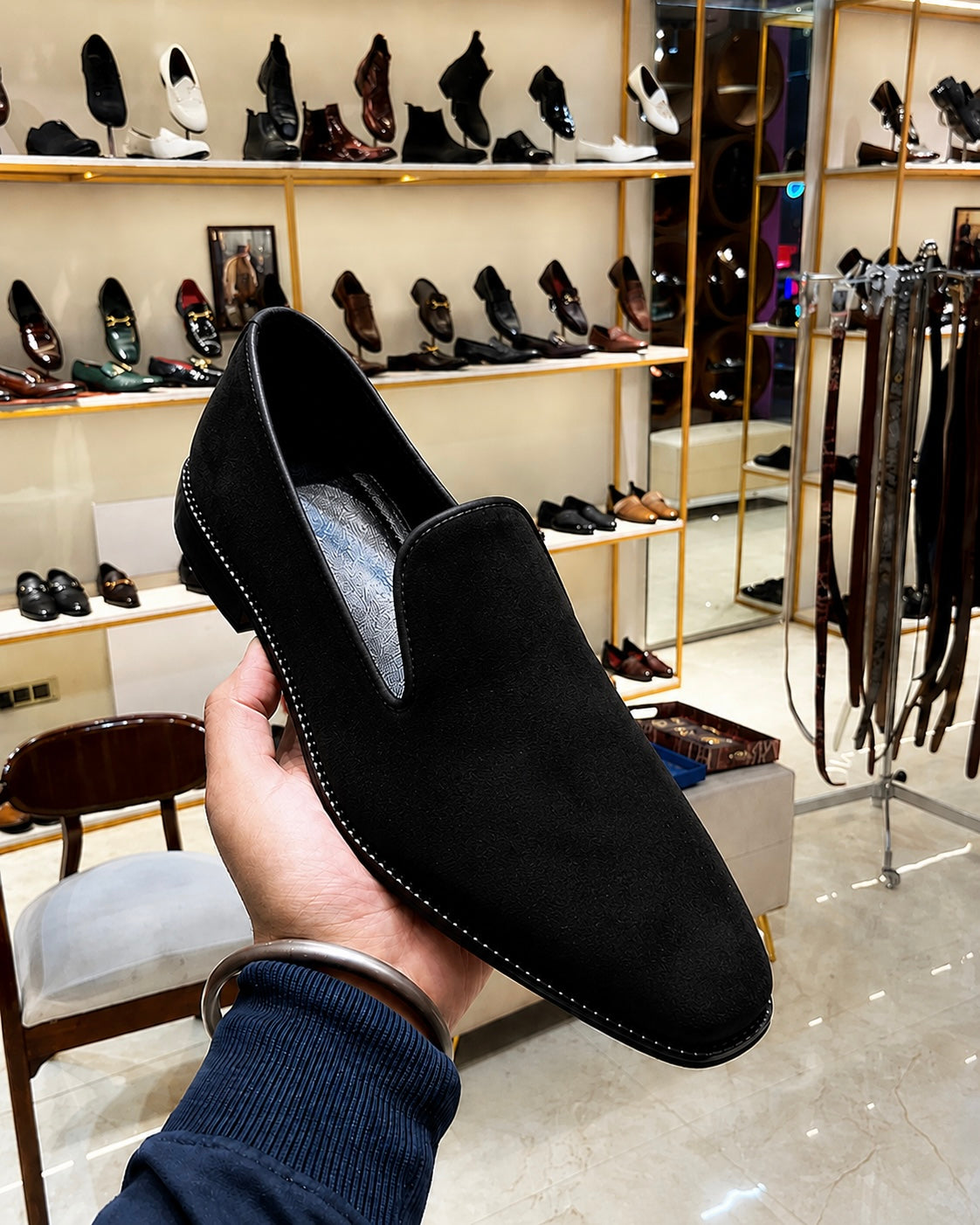 Black Suede Venetian Loafers With Slight Square Toe