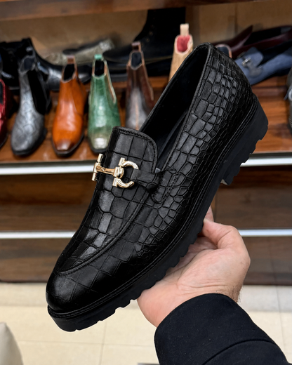 Black Deep-cut Crocodile Horsebit Loafers With Lug Sole