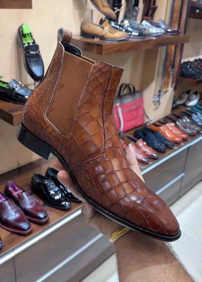 Tan Patina Croc Scaled Chelsea Boots