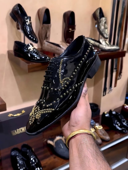 Black Patent Gold Embroidery Oxfords