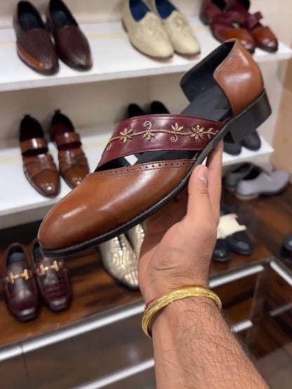 Brown Patina Hand-embroidery Spectator Sandals