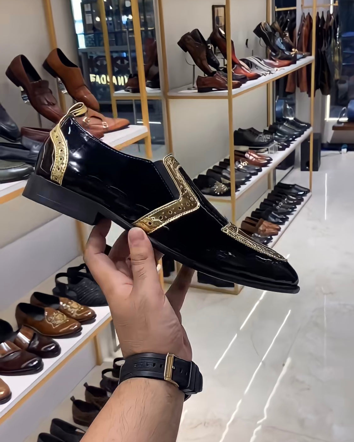 Gold Wingtip Patent Leather Slip-on Oxfords
