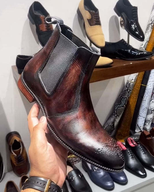 Burnished Brown Patina Italian Crust Leather Chelsea Boots