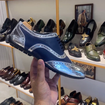 Silver Patent Semi-brogue Wingtip Spectator Oxfords with Rubber Sole