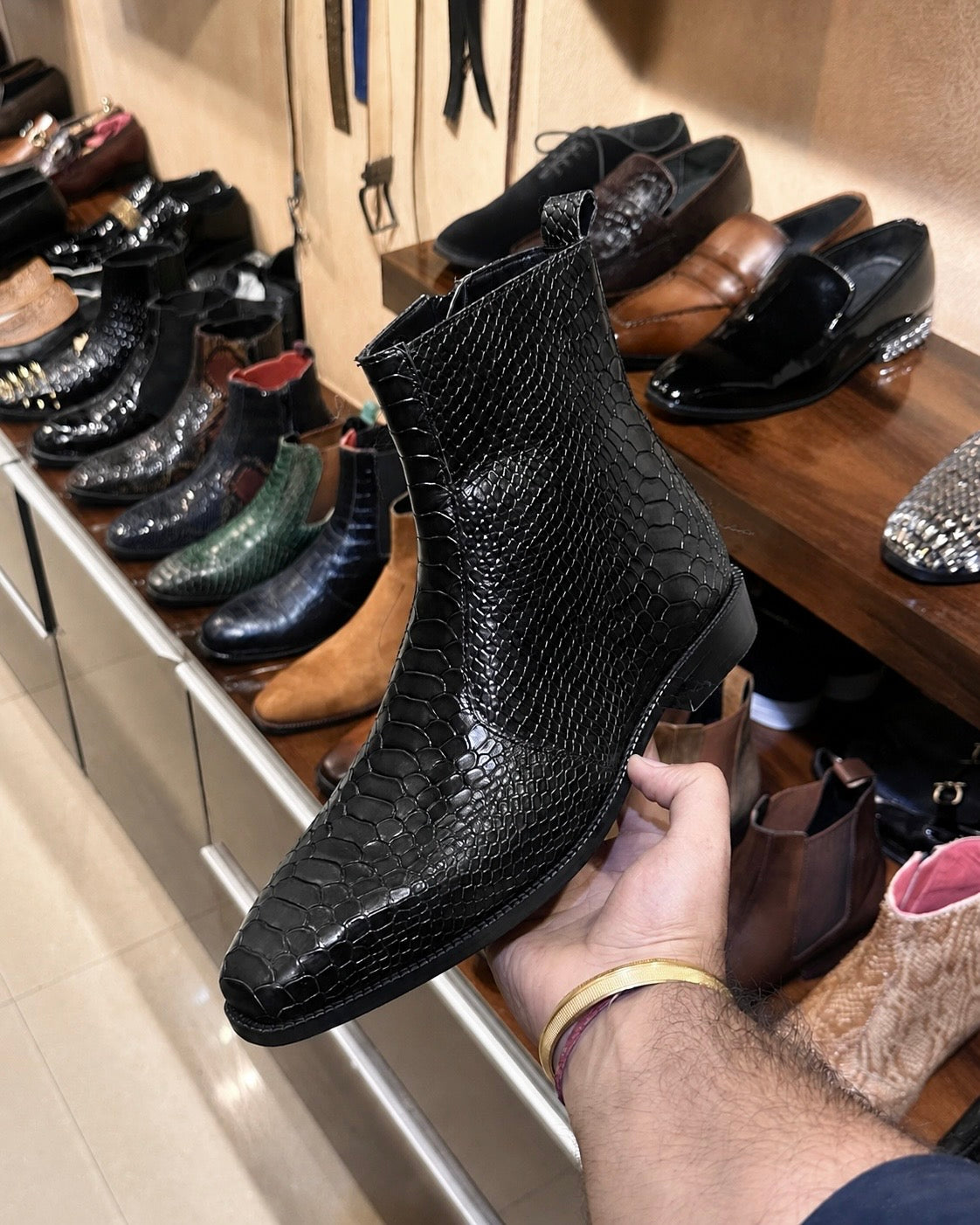 High-top Black Cobra Scaled Boots With Zip