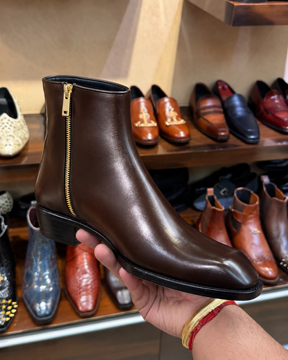 High-top Dark Brown Calfskin Leather Boots With Cuban Heel