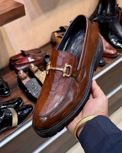 Warm Walnut Brown Croco Textured Horsebit Loafers with Lug Sole