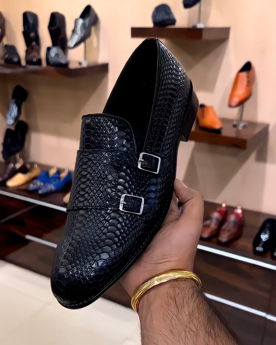 Raven Black Cobra Scaled Double Monk Moccasins