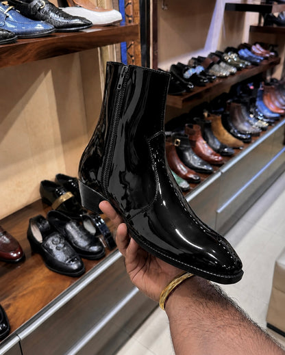 High-top Black Patent Leather Boots With Cuban Heel