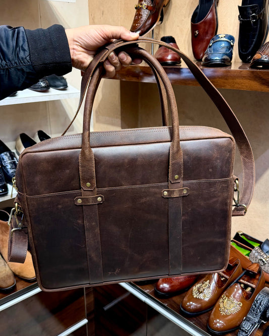 Vintage Brown Waxed Full Grain Leather Laptop Bag
