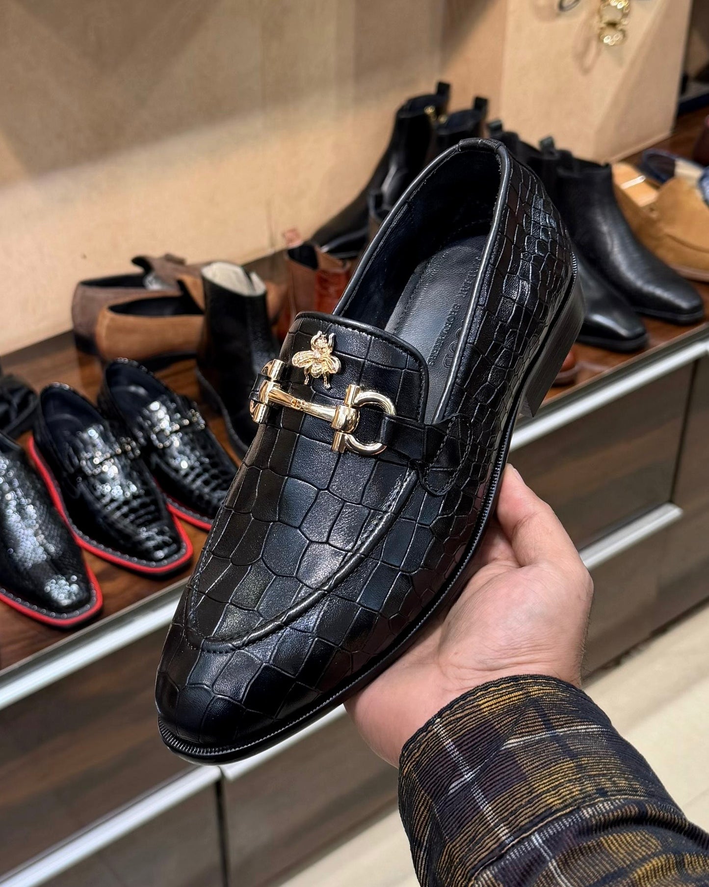 Black Crocodile Scaled Horsebit Loafers with Bee