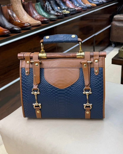 Navy Blue And Medium Brown Handbag