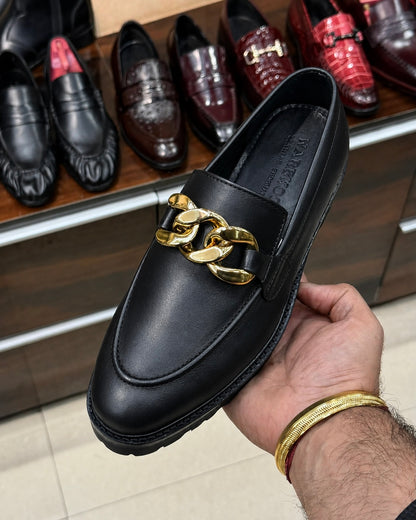 Black Chunky Loafers With Chain