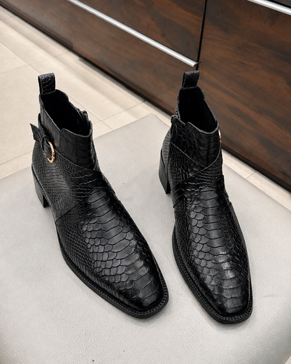 Black Cobra Scaled Zip Boots With 1.5 Inch Heel