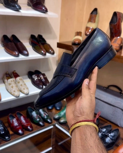 Dark Blue Patina Italian Crust Leather Moccasins