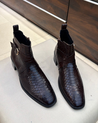 Dark Brown Cobra Scaled Zip Boots With 1.5 Inch Heel