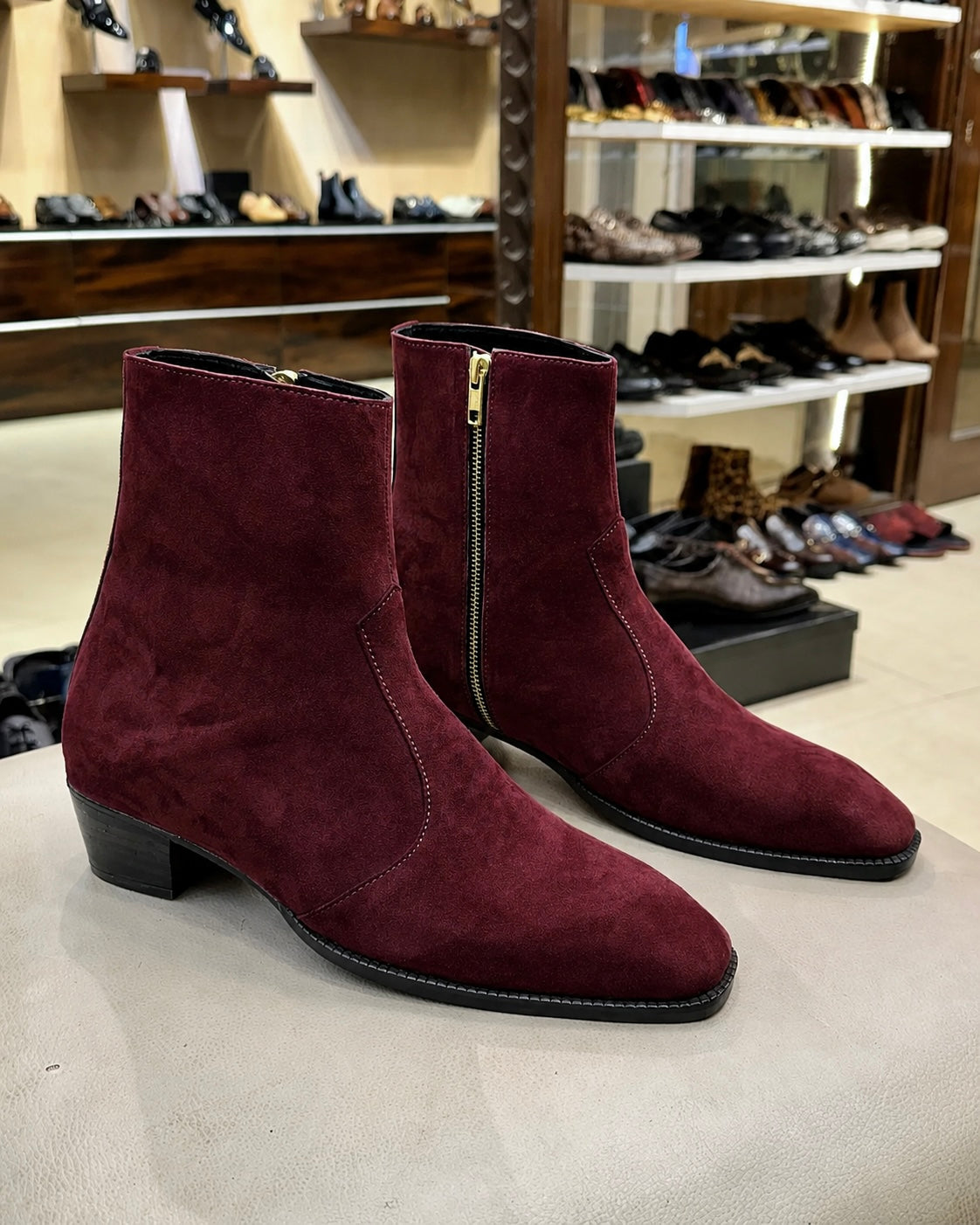 High-top Burgundy Suede Boots With Cuban Heel
