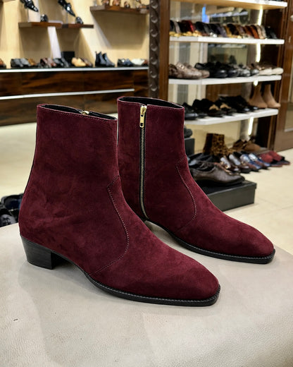 High-top Burgundy Suede Boots With Cuban Heel