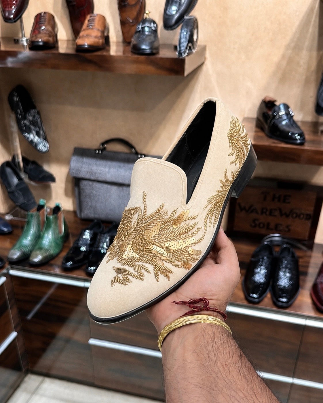 Beige Suede Gold Tiger Hand-embroidered Loafers