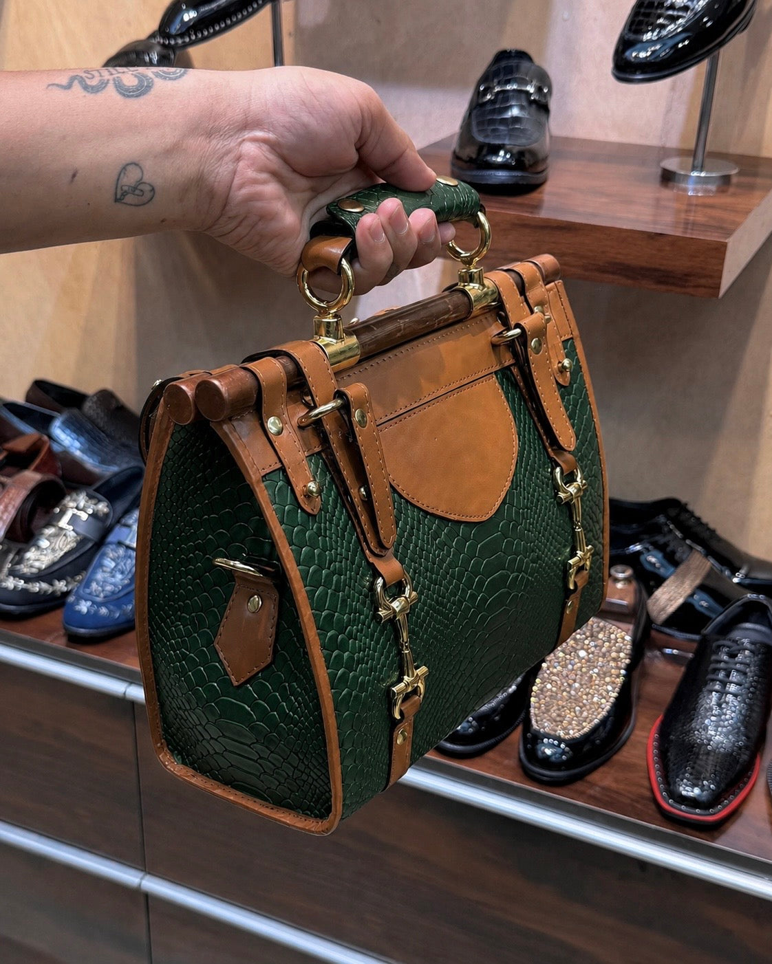 Dark Green And Medium Brown Handbang