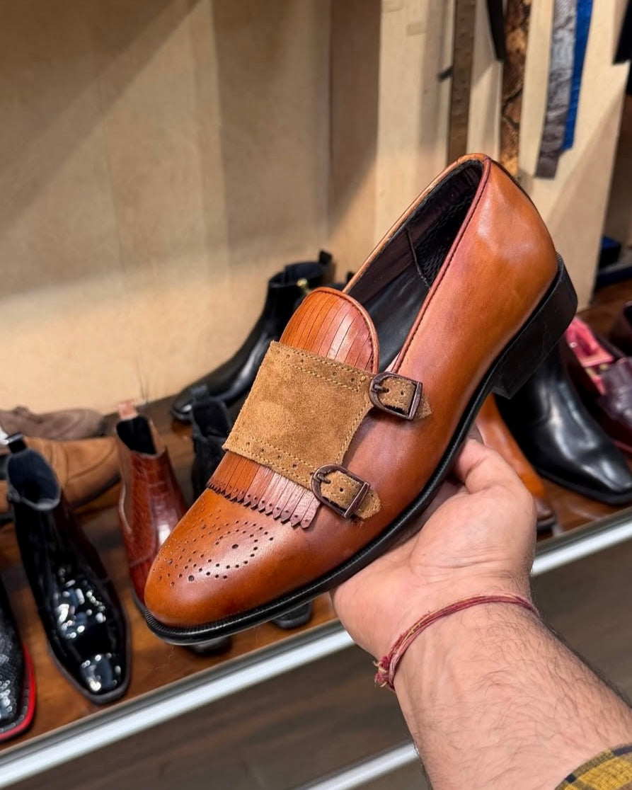 Tan Patina & Tan Suede Double Monk Strap Loafers
