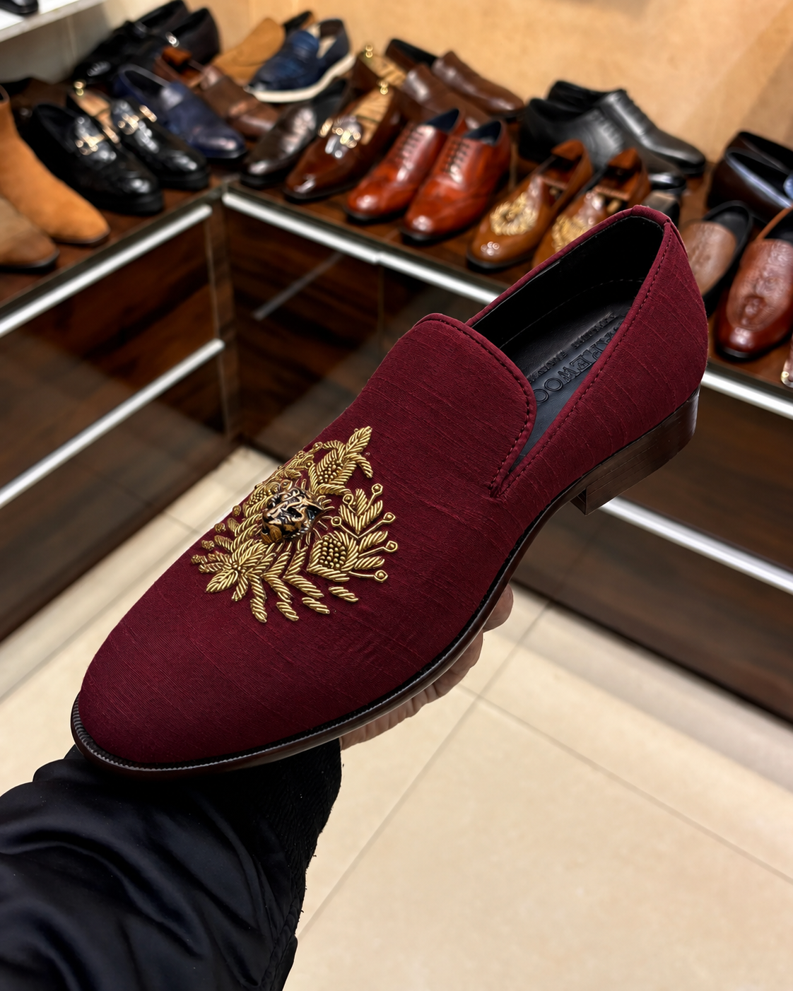 Burgundy Raw Silk Hand-embroidered Loafers