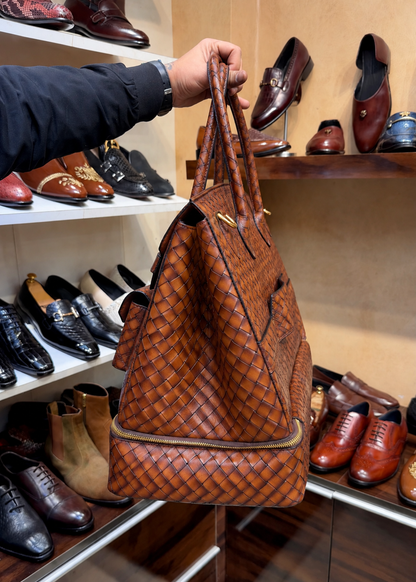 Burnished Tan Hand-Woven Leather Travel Bag with Bottom Shoe Compartment