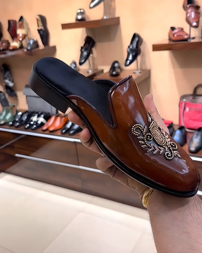 Brown Patina Embroidery Mules