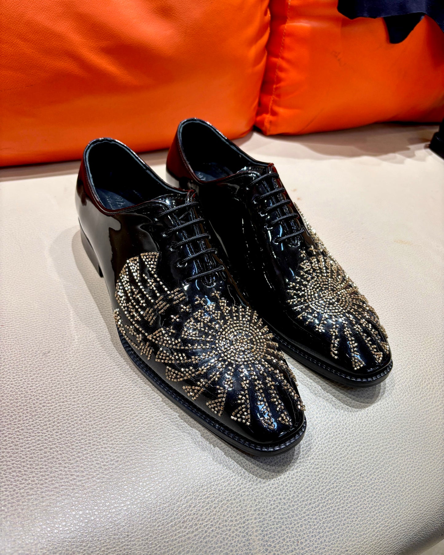 Black Patent Leather Gold Hand-embroidered Oxfords