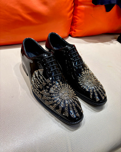 Black Patent Leather Gold Hand-embroidered Oxfords