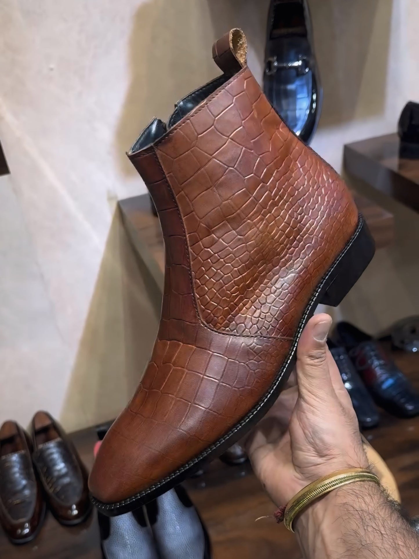 Tan Patina Crocodile Scaled Zipper Boots