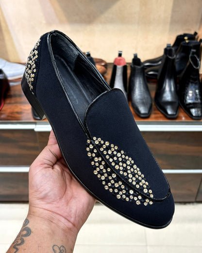 Black Suede Diamond Embroidered Belgian Loafers