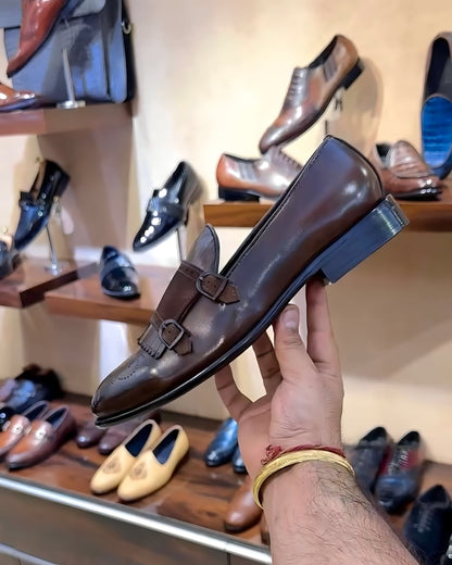 Brown Patina Double Monk Fringes Loafers