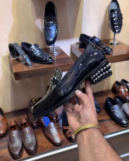 Luxe Edition Silver Snake Foil and Studded Cuban Heel Moccasins