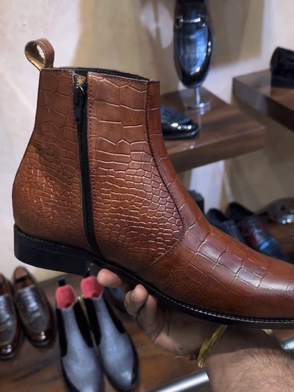Tan Patina Crocodile Scaled Zipper Boots