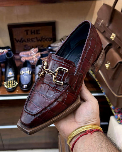 Burgundy Croco Horsebit Loafers with Italian Cut Leather Sole